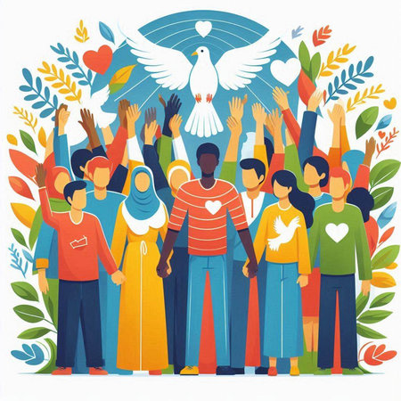 International Day of Peace concept. Group of people holding hands together. Vector illustration.のイラスト素材