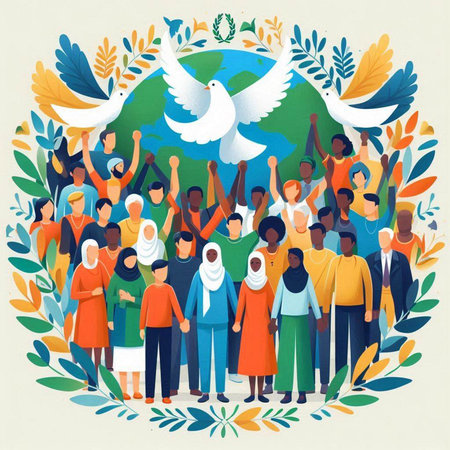 International Day of Peace concept. Group of people with peace dove. Vector illustration.のイラスト素材
