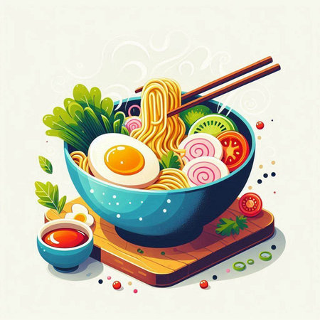 Ramen noodle soup with egg and vegetables. Vector illustration.のイラスト素材