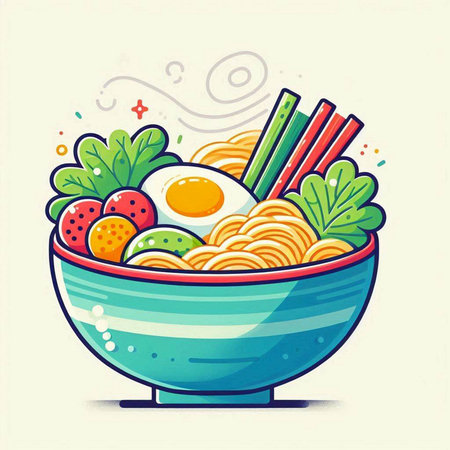 Illustration of bowl of noodle with egg, vegetables and chopsticksのイラスト素材