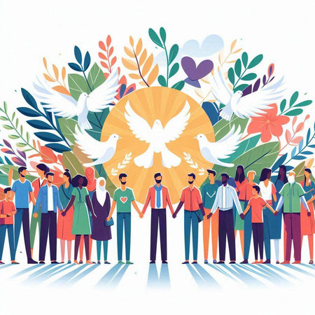 International Day of Peace. People with dove of peace. Vector illustration.のイラスト素材