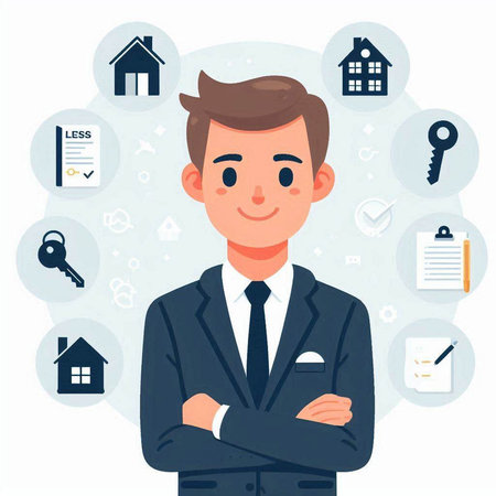 Real estate agent. Vector illustration in flat style. Businessman.のイラスト素材