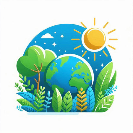 Ecology concept with green trees, sun and world. Vector illustration.のイラスト素材