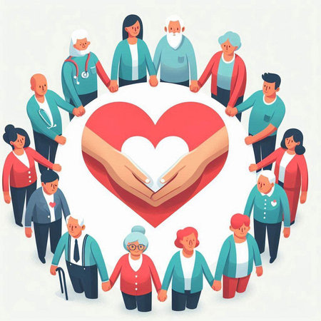 Vector illustration of group of people in medical uniform with heart in handsのイラスト素材