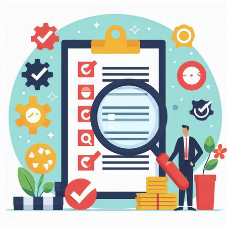 Businessman with magnifying glass looking at checklist. Flat vector illustration.のイラスト素材