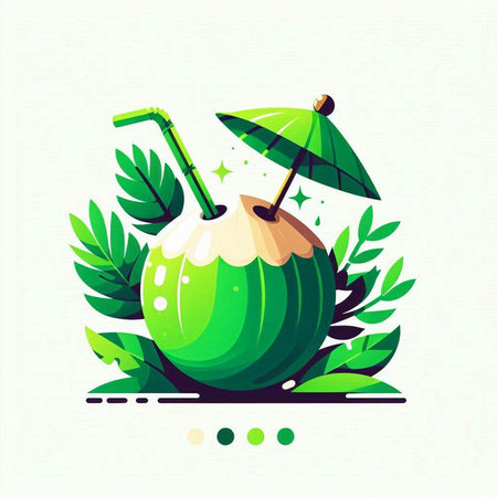 Coconut water drink with leaves and straw. Vector illustration.のイラスト素材