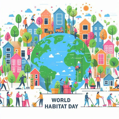 World Earth Day. Vector illustration with people and buildings in flat style.のイラスト素材