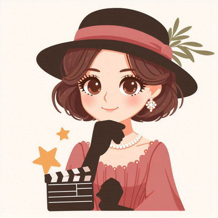 Illustration of a girl in a hat with a clapperboardのイラスト素材