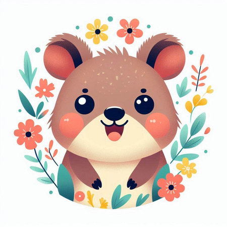 Cute cartoon hamster with flowers and leaves. Vector illustration.のイラスト素材
