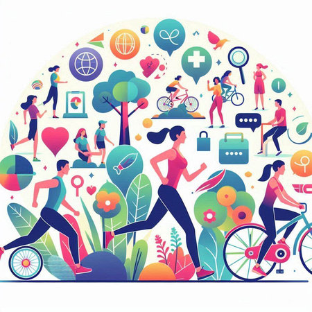 Vector illustration of people engaged in fitness, healthy lifestyle. Flat designのイラスト素材