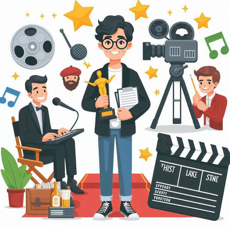 Cinematographer with camera and film crew. Cartoon vector illustrationのイラスト素材