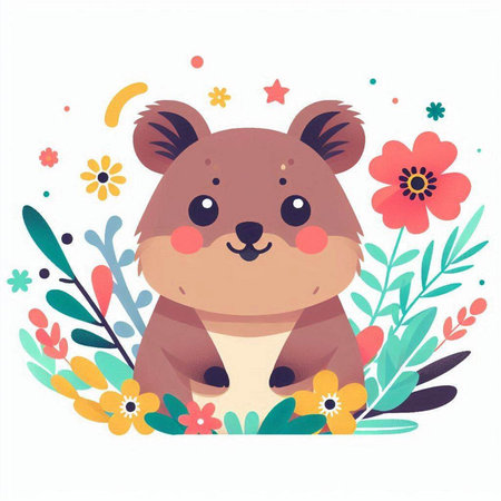 Cute koala with flowers and leaves. Vector illustration in flat style.のイラスト素材