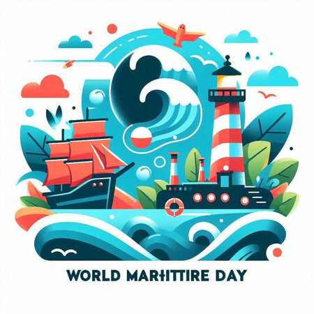 World Maritime Day banner with sailboat, lighthouse and waves. Vector illustration.のイラスト素材