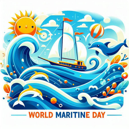 World Maritime Day card with sailboat, sun, clouds and birds.のイラスト素材