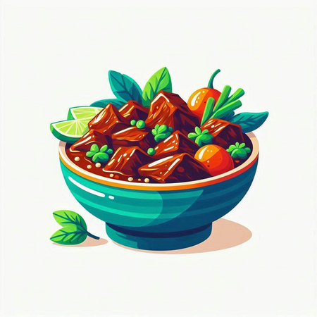 Bowl of spicy beef stew with vegetables and herbs. Vector illustration.のイラスト素材