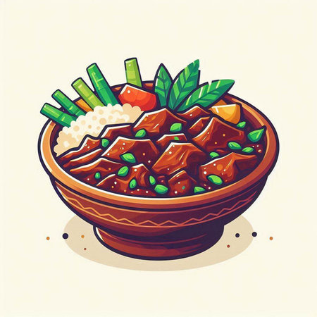 Illustration of a bowl of beef stew with rice and vegetables.のイラスト素材