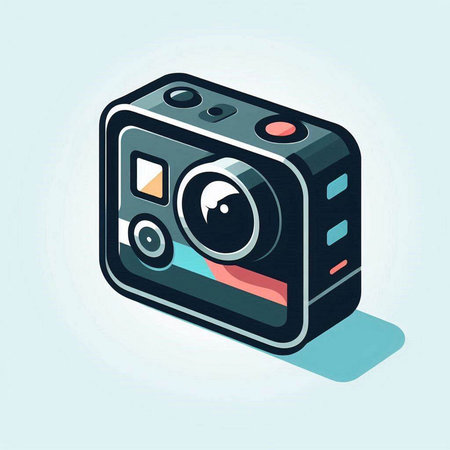 Camera isometric icon. Vector illustration of a camera on a blue background.のイラスト素材