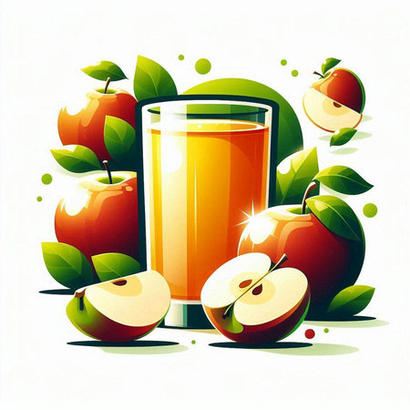 Glass of apple juice and apples on white background. Vector illustration.のイラスト素材