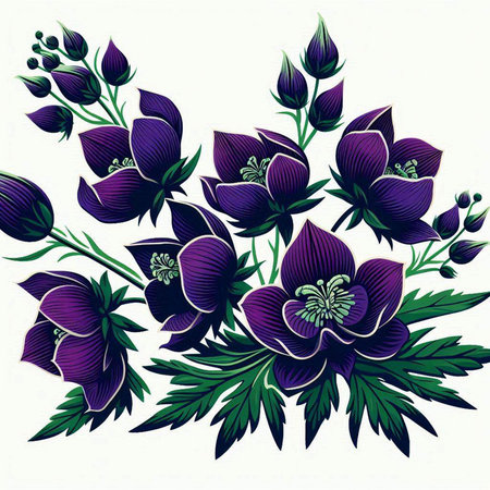 Illustration of a bouquet of purple flowers on a white backgroundのイラスト素材