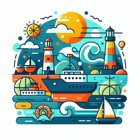 Sea travel concept. Colorful flat vector illustration of seascape with lighthouse, ship, yacht, sailboat, steering wheel, sun and clouds.のイラスト素材