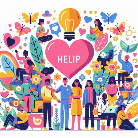 Flat vector illustration of group of people with heart shape, flowers, plants and icons.のイラスト素材