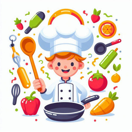 Chef boy cooking vegetables and fruits. Cute little chef boy cartoon character. Vector illustrationのイラスト素材