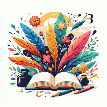 Vector illustration of an open book with feathers, inkwell and flowersのイラスト素材