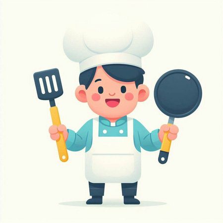 Cute little chef boy with pan and spatula. Vector illustration.のイラスト素材