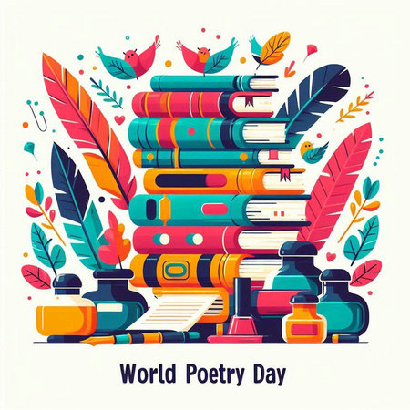 World Book Day poster with books and ink. Vector illustration in flat styleのイラスト素材