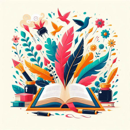 Vector illustration of open book, feathers, ink, flowers and birdsのイラスト素材