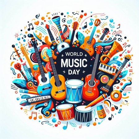 Vector illustration of World music day poster with musical instruments in circle shapeのイラスト素材