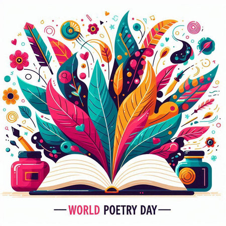 World poetry day poster with feather, ink and open book. Vector illustrationのイラスト素材