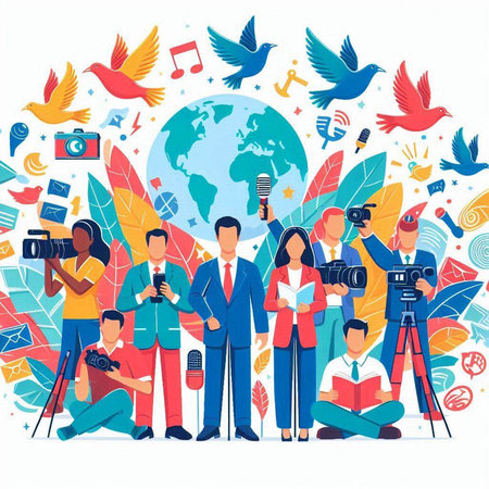 Journalists with microphones and equipment on the background of the globe. Vector illustrationのイラスト素材