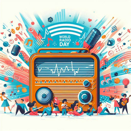 Music festival poster with cartoon people and retro radio. Vector illustration.のイラスト素材