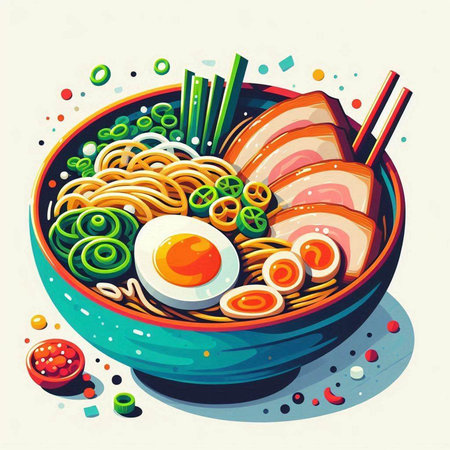 Illustration of a bowl of ramen noodles with meat, egg and vegetablesのイラスト素材