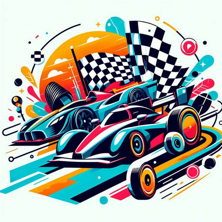 Racing car with checkered flag on the race track. Vector illustrationのイラスト素材