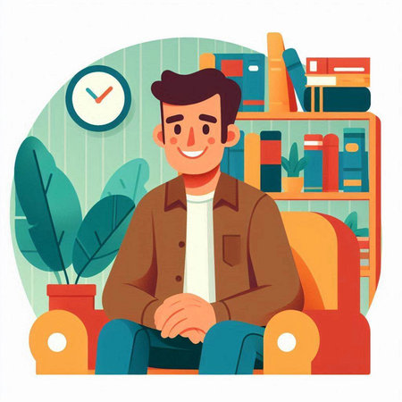 Young man sitting in armchair at home. Flat vector illustration.のイラスト素材