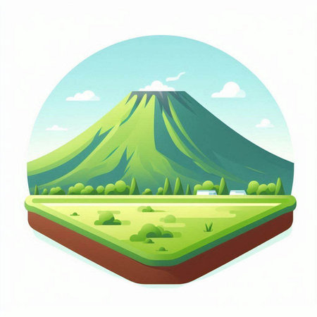 Volcano landscape with grass and blue sky. Vector illustration in cartoon style.のイラスト素材