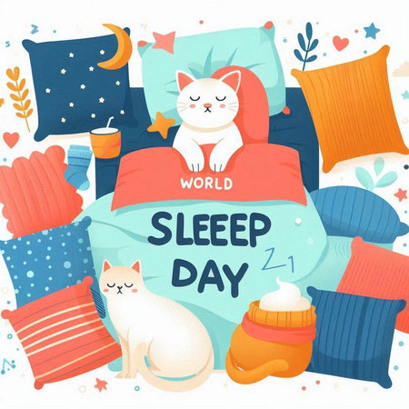 World Sleep Day. Cute cartoon cat sleeping on the pillow. Vector illustration.のイラスト素材