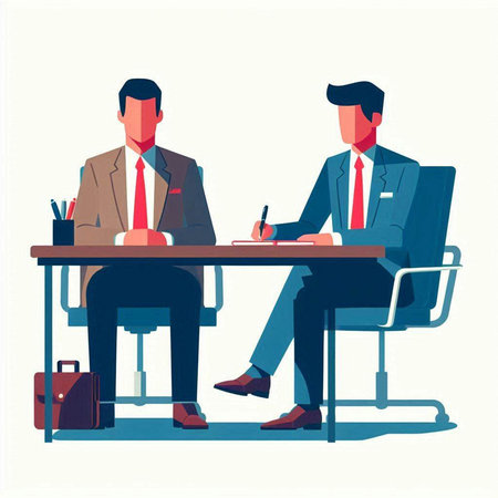 Two businessmen sitting at the table in office. Vector illustration in flat styleのイラスト素材
