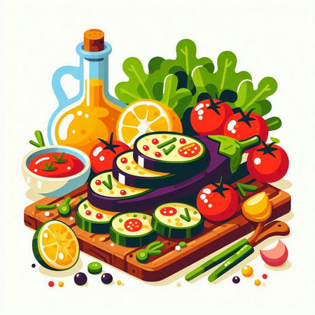 Vegetarian food vector illustration. Zucchini, tomato, onion, lemon, olive oil, spices, herbs on a wooden board.のイラスト素材