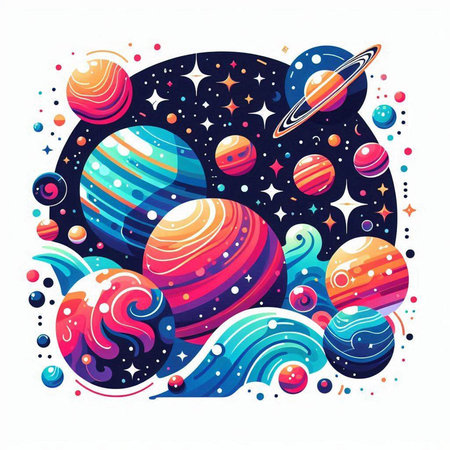 Planets in outer space. Colorful hand drawn vector illustration.のイラスト素材