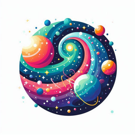 Abstract space background with planets and stars. Colorful vector illustration.のイラスト素材