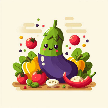 Cute eggplant character with vegetables. Vector illustration in cartoon styleのイラスト素材
