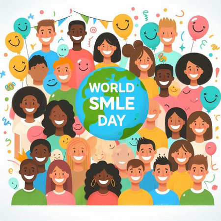 World Smile Day Vector Illustration. Group of Smiling Multiethnic People.のイラスト素材