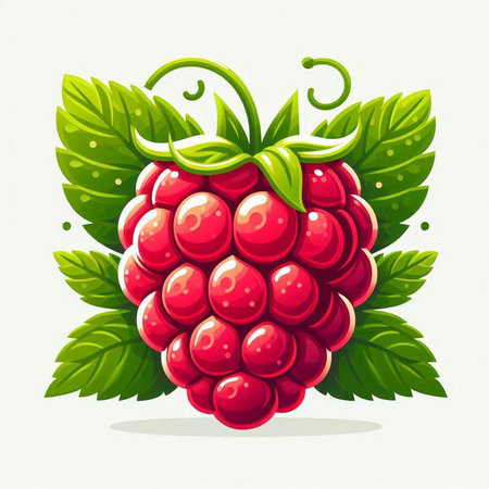 Raspberry vector illustration. Fresh fruit with green leaves isolated on white background.のイラスト素材