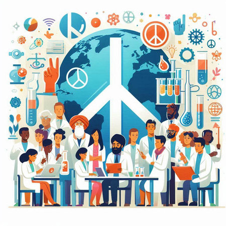 People of different nationalities and religions in medical gowns and masks sitting at table with laptop. Vector flat cartoon illustrationのイラスト素材