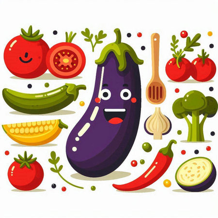Eggplant, tomato, cucumber, garlic, pepper, onion and other vegetables. Vector illustration.のイラスト素材