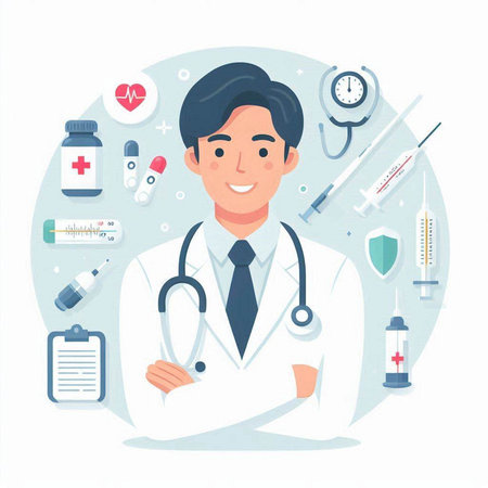 Doctor with stethoscope and syringe. Vector illustration in flat styleのイラスト素材