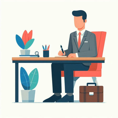 Businessman sitting at the table and writing in notebook. Flat vector illustration.のイラスト素材